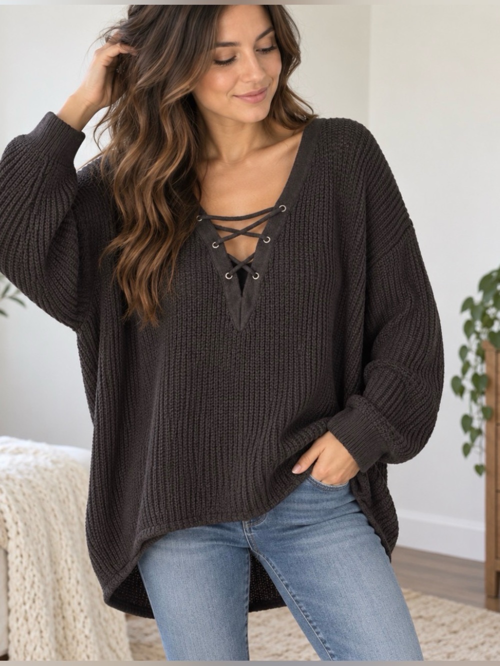 Altar’d State Brown Lace-Up Oversized Sweater V-Neck Size S